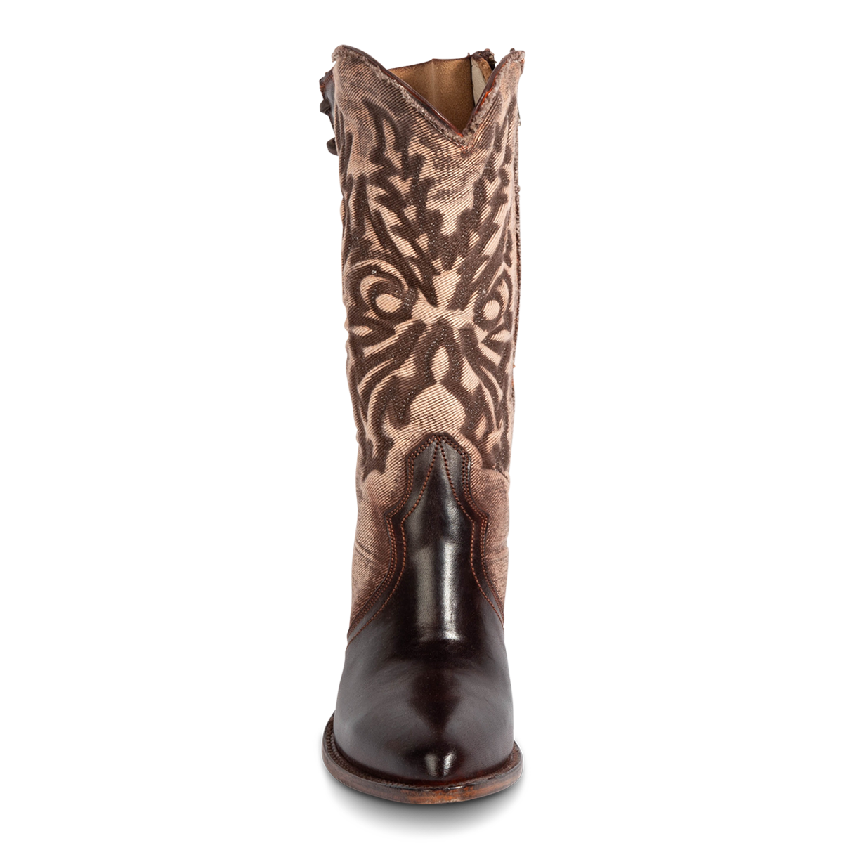 Front view showing FREEBIRD women's Magnolia brown denim and leather boot with mono shaft stitching and a curved pointed toe silhouette  
