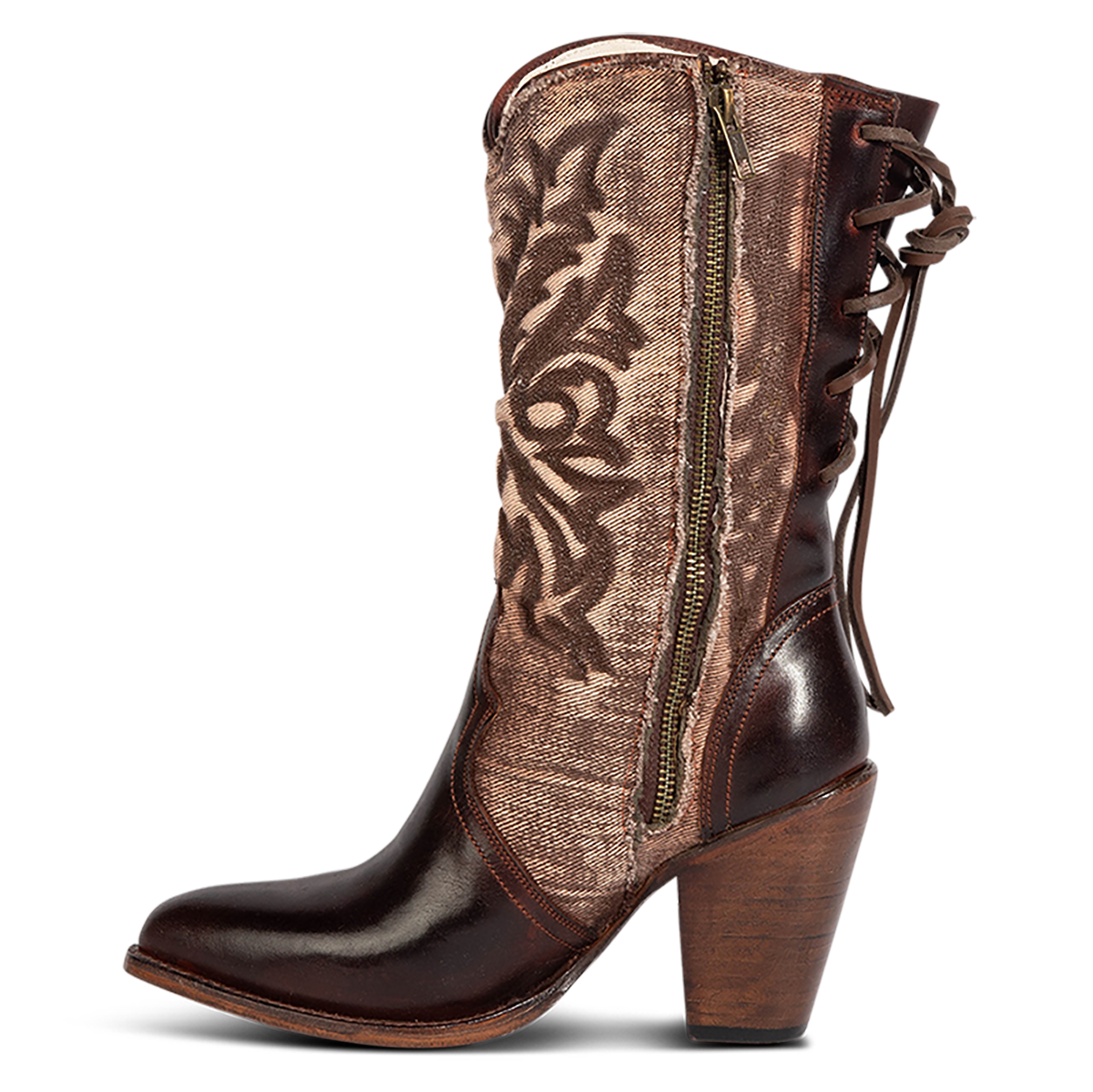 Inside view showing FREEBIRD women's Magnolia brown denim and leather boot with mono shaft stitching, an inside working brass zipper and inverted heel