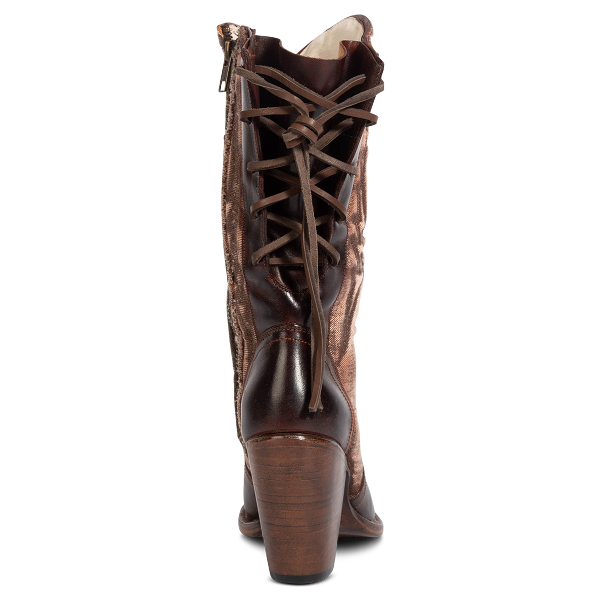 Back view showing FREEBIRD women's Magnolia brown denim and leather boot with back panel lacing and a inverted heel