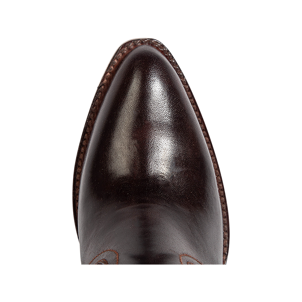 Top view showing a curved pointed toe silhouette on FREEBIRD women's Magnolia brown denim and leather boot
