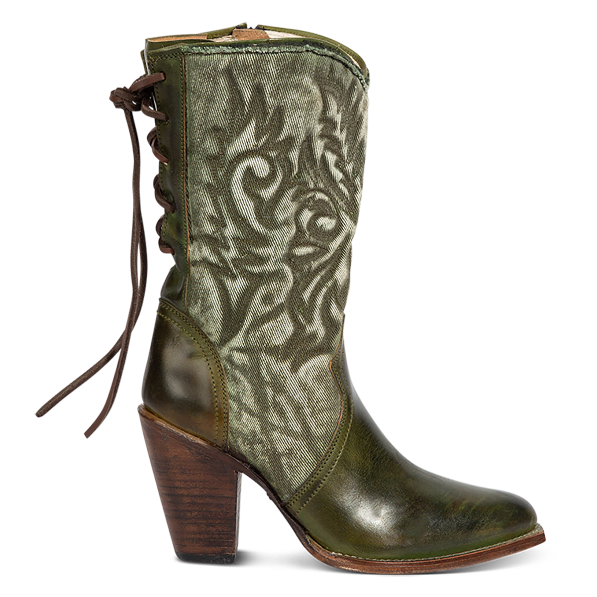 FREEBIRD women's Magnolia green denim and leather boot with mono shaft stitching, back panel lacing and a curved pointed toe silhouette 