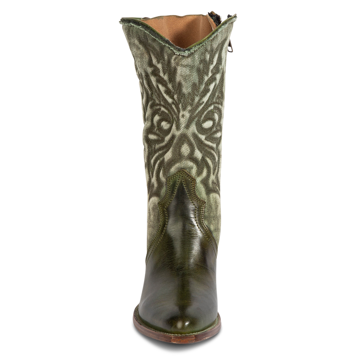 Front view showing FREEBIRD women's Magnolia green denim and leather boot with mono shaft stitching and a curved pointed toe silhouette  