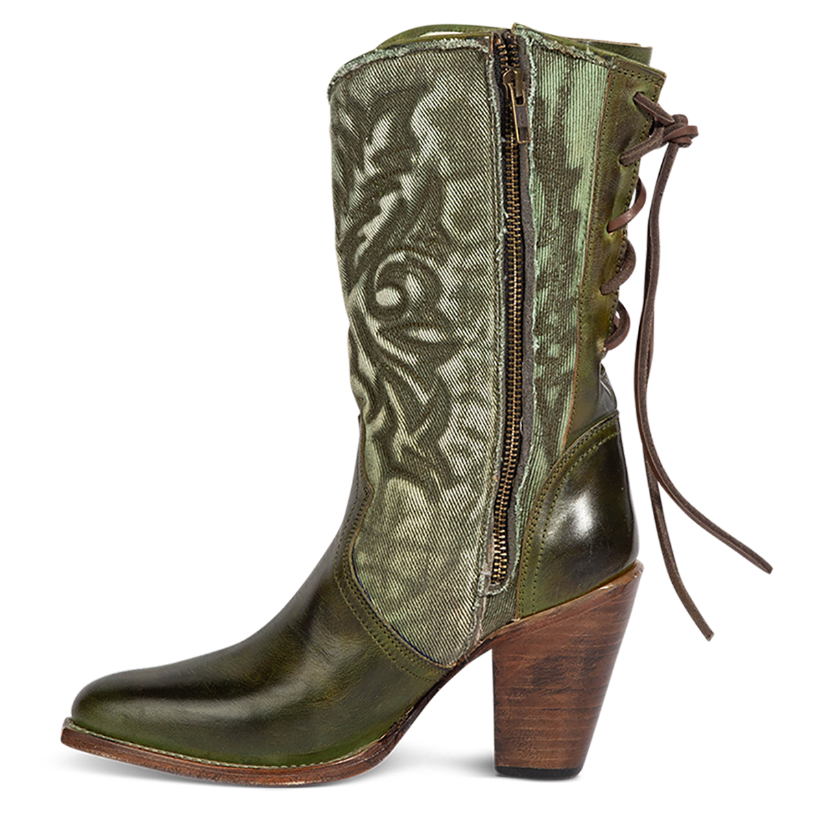 Inside view showing FREEBIRD women's Magnolia green denim and leather boot with mono shaft stitching, an inside working brass zipper and inverted heel