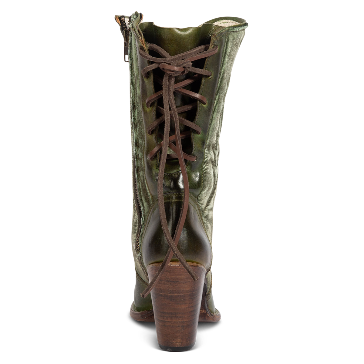Back view showing FREEBIRD women's Magnolia green denim and leather boot with back panel lacing and a inverted heel
