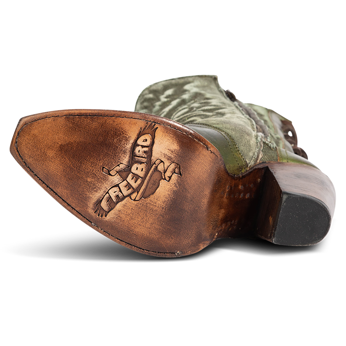 Leather sole imprinted with FREEBIRD on women's Magnolia green denim and leather boot