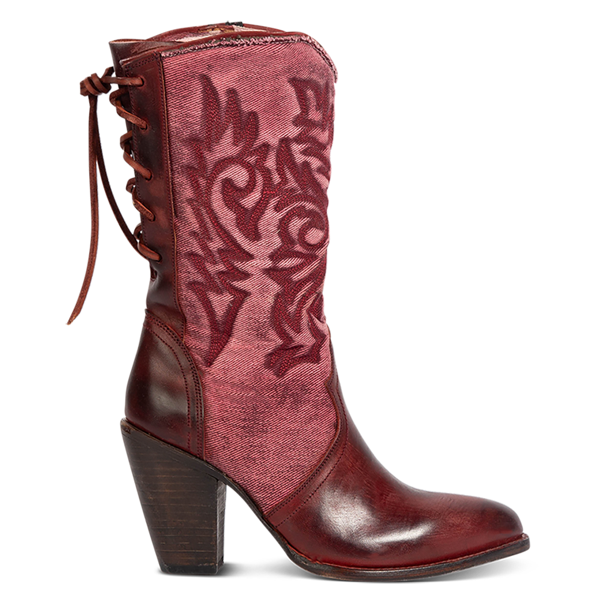 FREEBIRD women's Magnolia red denim and leather boot with mono shaft stitching, back panel lacing and a curved pointed toe silhouette 