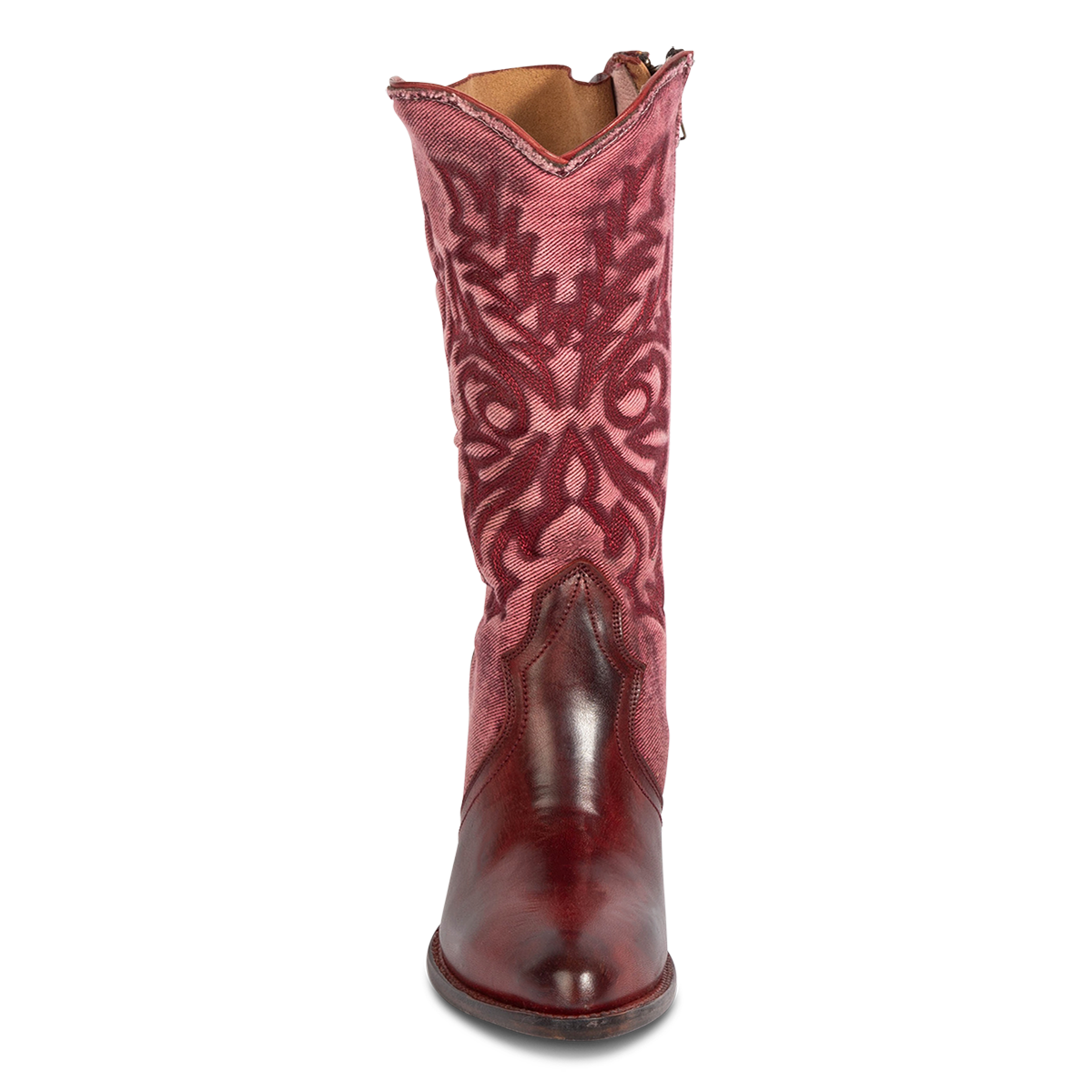 Front view showing FREEBIRD women's Magnolia red denim and leather boot with mono shaft stitching and a curved pointed toe silhouette  