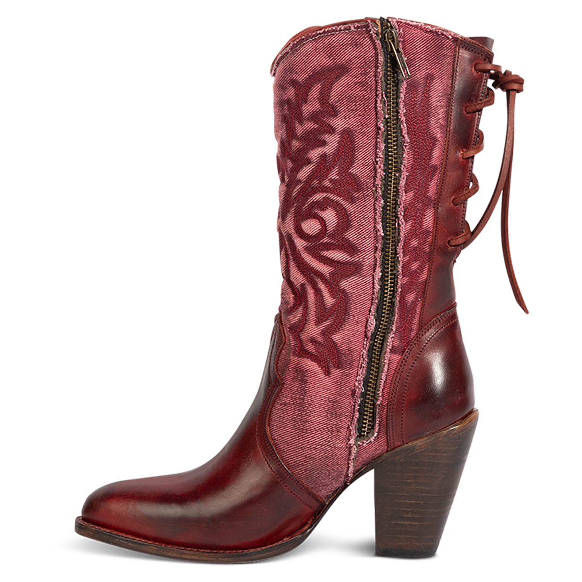 Inside view showing FREEBIRD women's Magnolia red denim and leather boot with mono shaft stitching, an inside working brass zipper and inverted heel