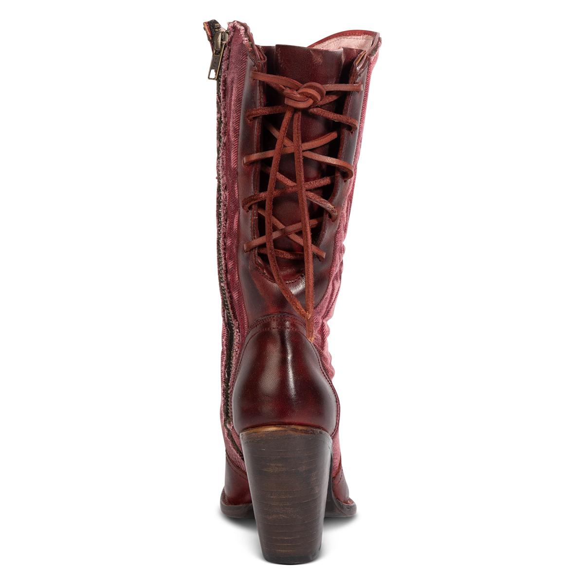 Back view showing FREEBIRD women's Magnolia red denim and leather boot with back panel lacing and a inverted heel