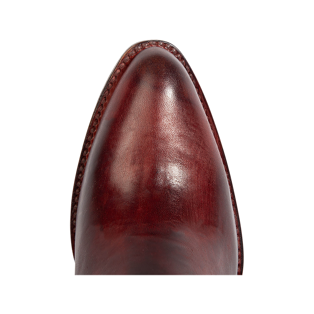 Top view showing a curved pointed toe silhouette on FREEBIRD women's Magnolia red denim and leather boot