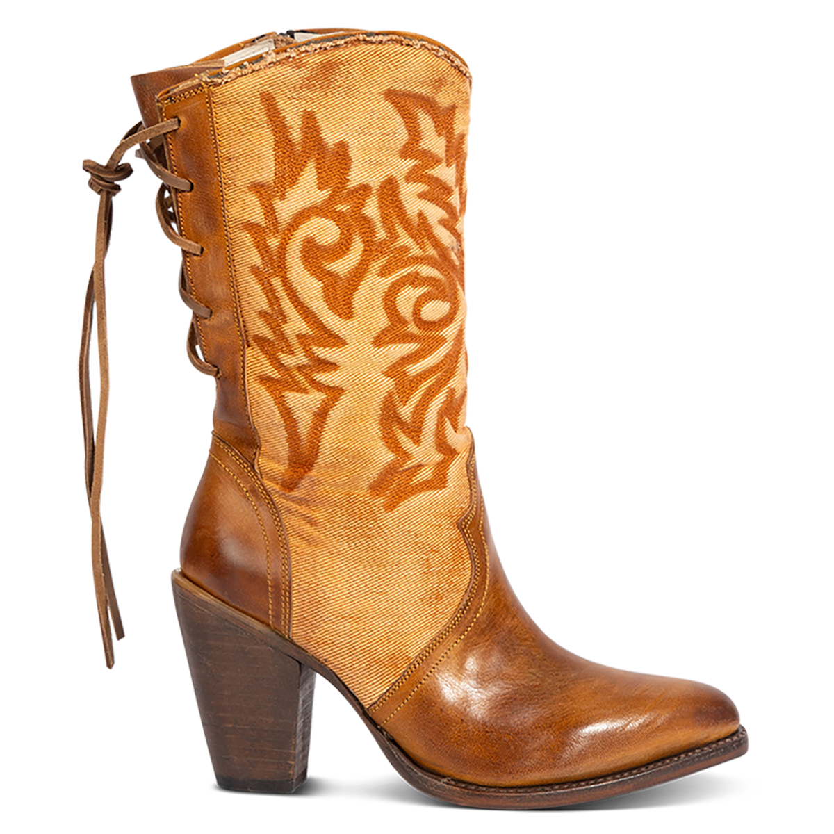 FREEBIRD women's Magnolia tan denim and leather boot with mono shaft stitching, back panel lacing and a curved pointed toe silhouette 