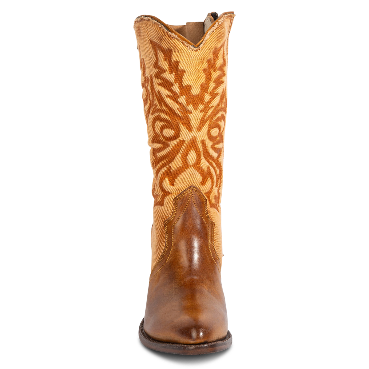 Front view showing FREEBIRD women's Magnolia tan denim and leather boot with mono shaft stitching and a curved pointed toe silhouette  