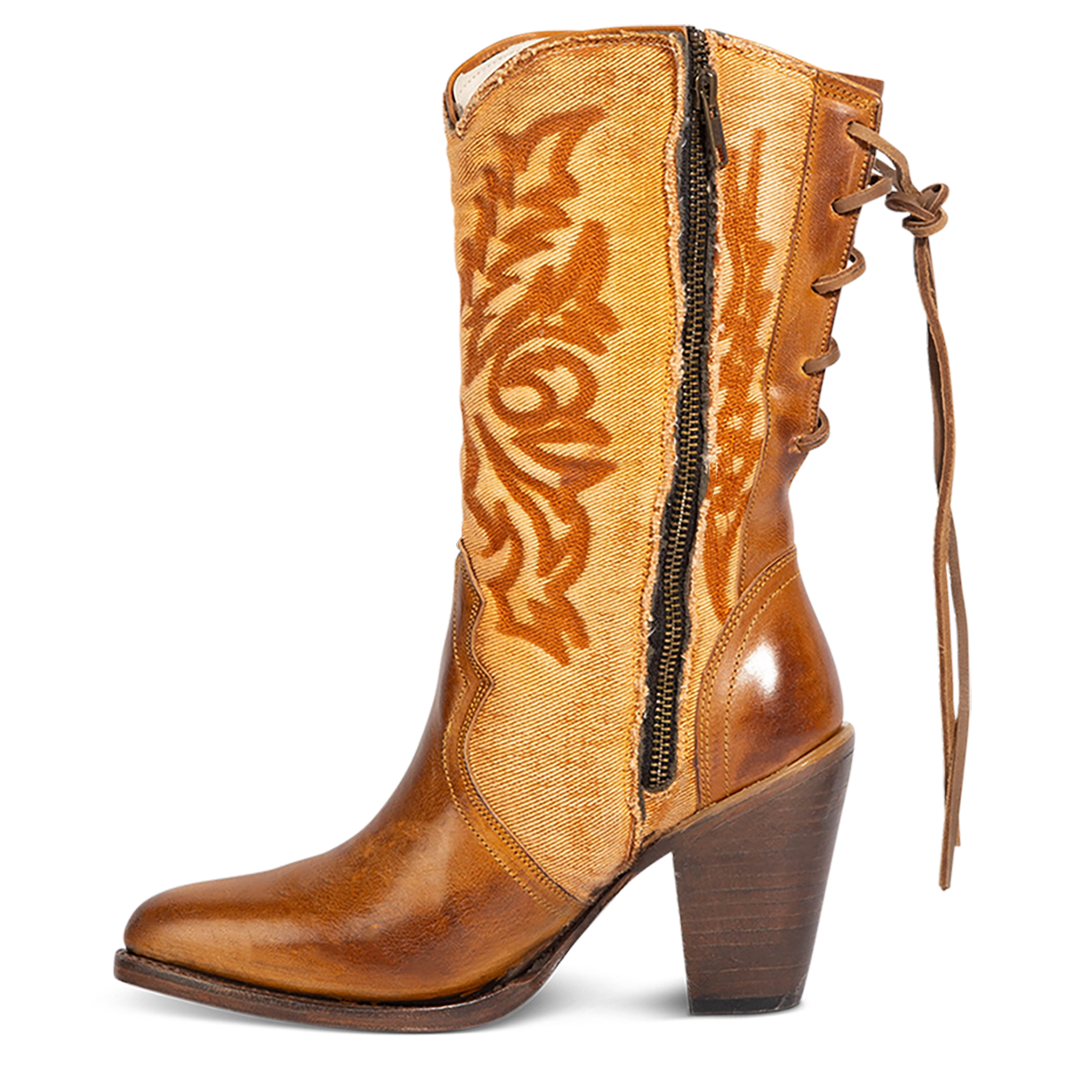 Inside view showing FREEBIRD women's Magnolia tan denim and leather boot with mono shaft stitching, an inside working brass zipper and inverted heel