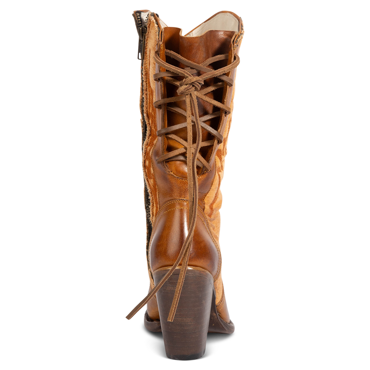 Back view showing FREEBIRD women's Magnolia tan denim and leather boot with back panel lacing and a inverted heel
