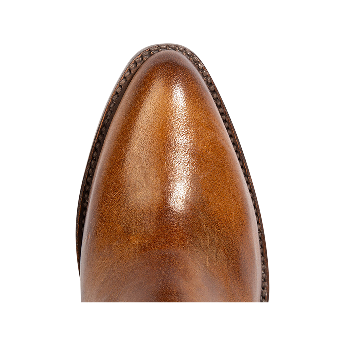 Top view showing a curved pointed toe silhouette on FREEBIRD women's Magnolia tan denim and leather boot