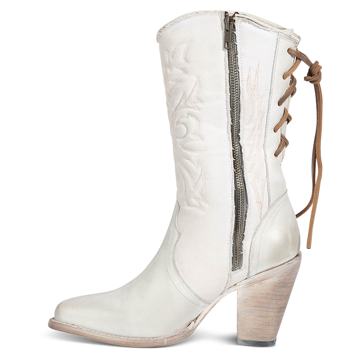 Inside view showing FREEBIRD women's Magnolia white denim and leather boot with mono shaft stitching, an inside working brass zipper and inverted heel