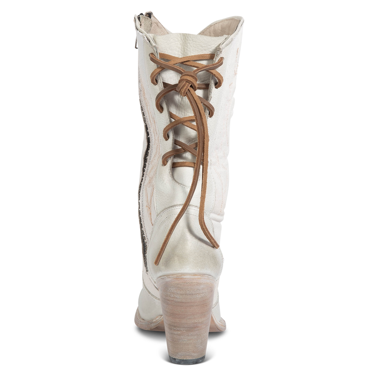 Back view showing FREEBIRD women's Magnolia white denim and leather boot with back panel lacing and a inverted heel