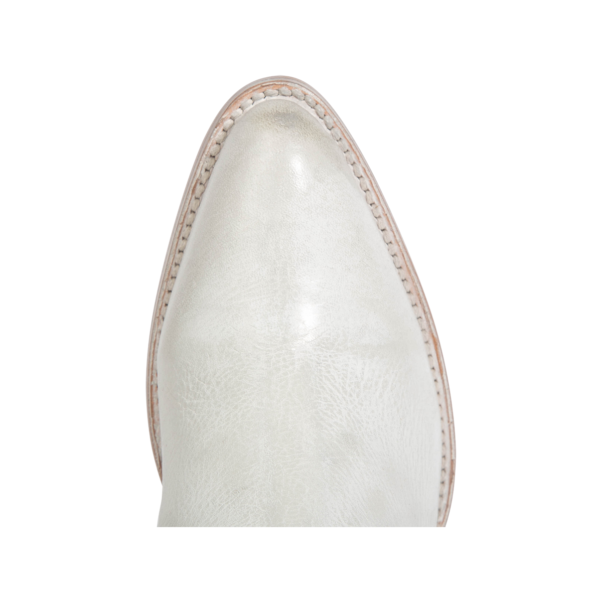 Top view showing a curved pointed toe silhouette on FREEBIRD women's Magnolia white denim and leather boot