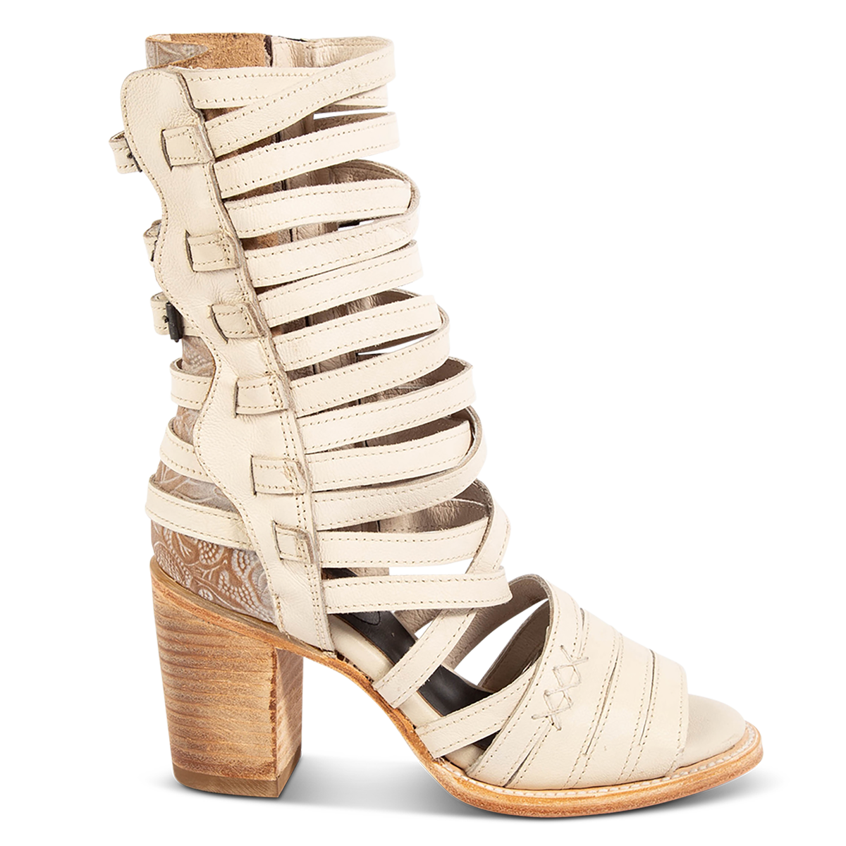 FREEBIRD women's Makayla beige leather sandal with adjustable back paneling, an inside working zip closure and leather straps