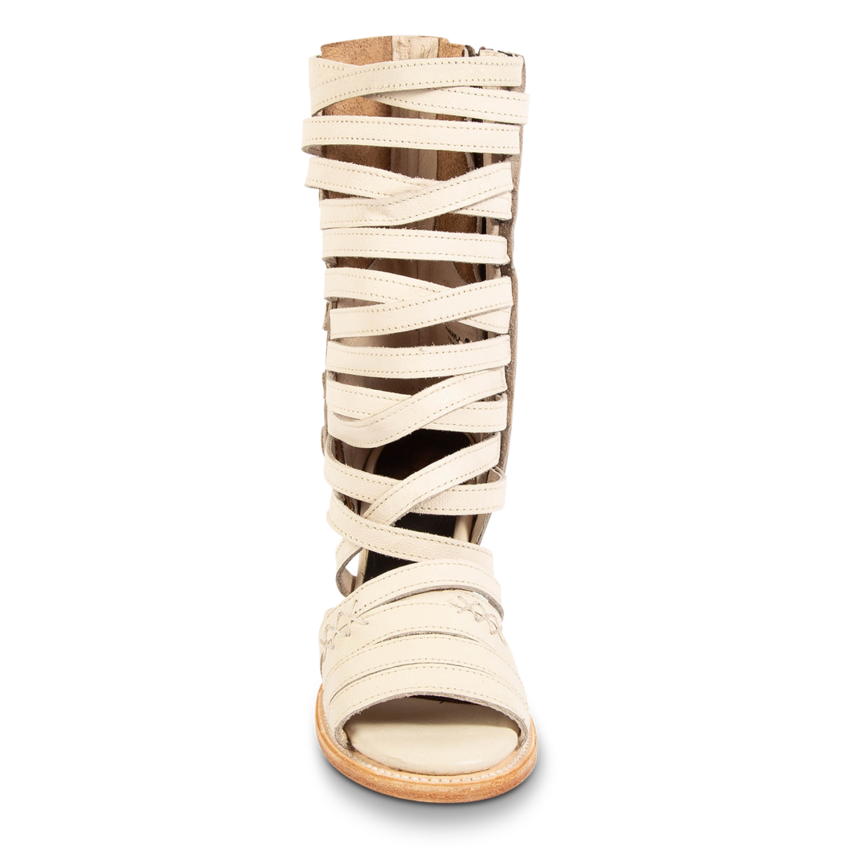 Front view showing leather straps and a rounded toe on FREEBIRD women's Makayla beige leather sandal 