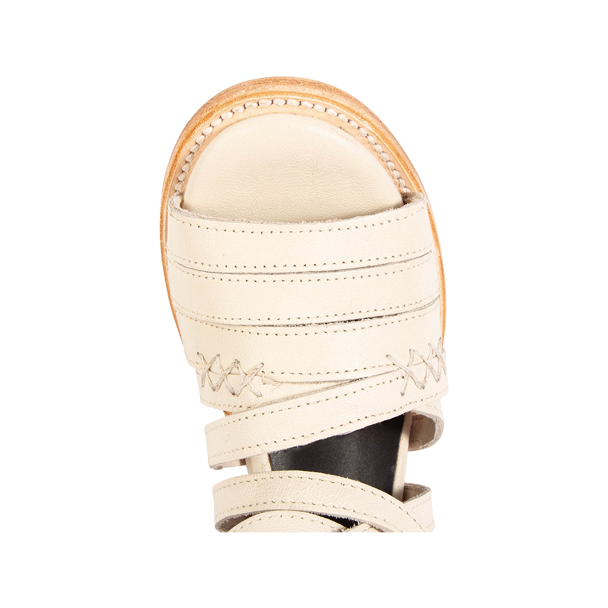 Top view showing a rounded toe and leather straps on FREEBIRD women's Makayla beige leather sandal 
