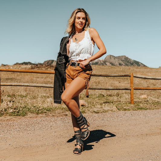 FREEBIRD women's Makayla black leather sandal with adjustable back paneling, an inside working zip closure and leather straps lifestyle