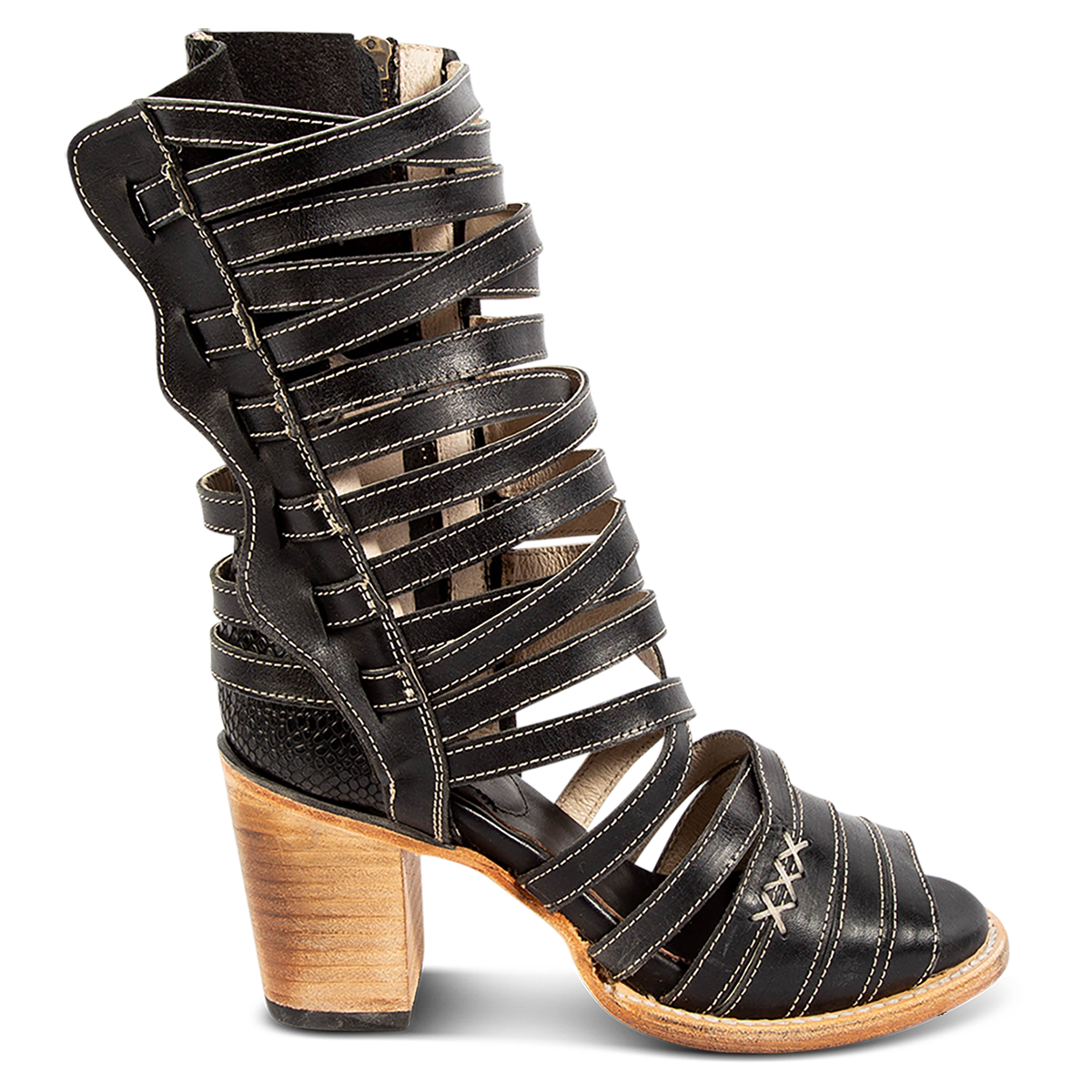 FREEBIRD women's Makayla black leather sandal with adjustable back paneling, an inside working zip closure and leather straps