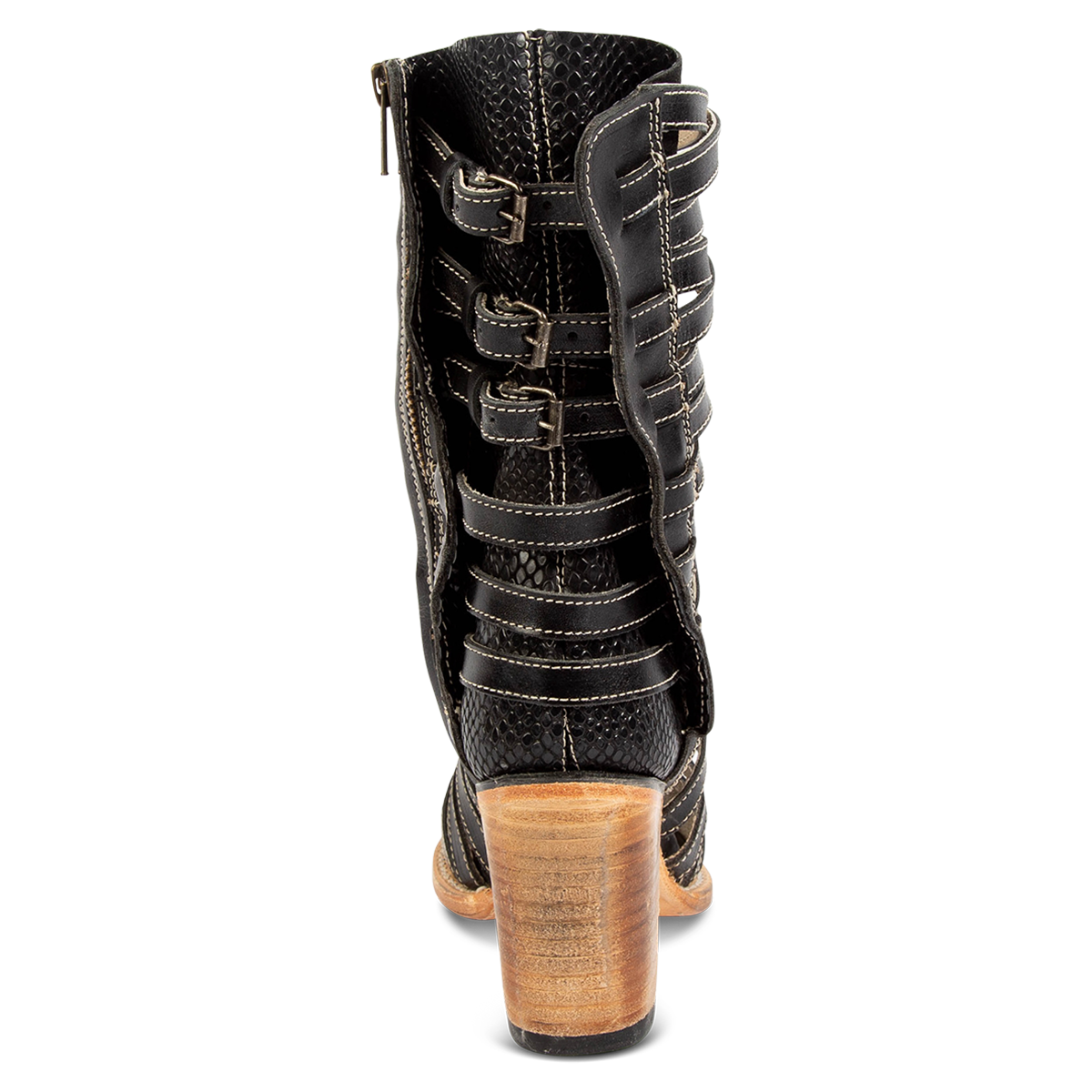 Back view showing an adjustable panel and block heel on FREEBIRD women's Makayla black leather sandal
