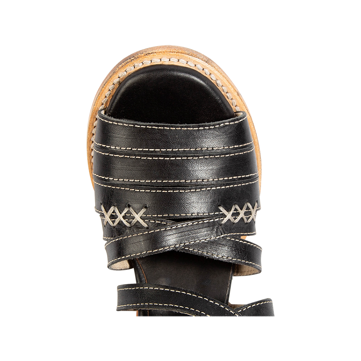 Top view showing a rounded toe and leather straps on FREEBIRD women's Makayla black leather sandal