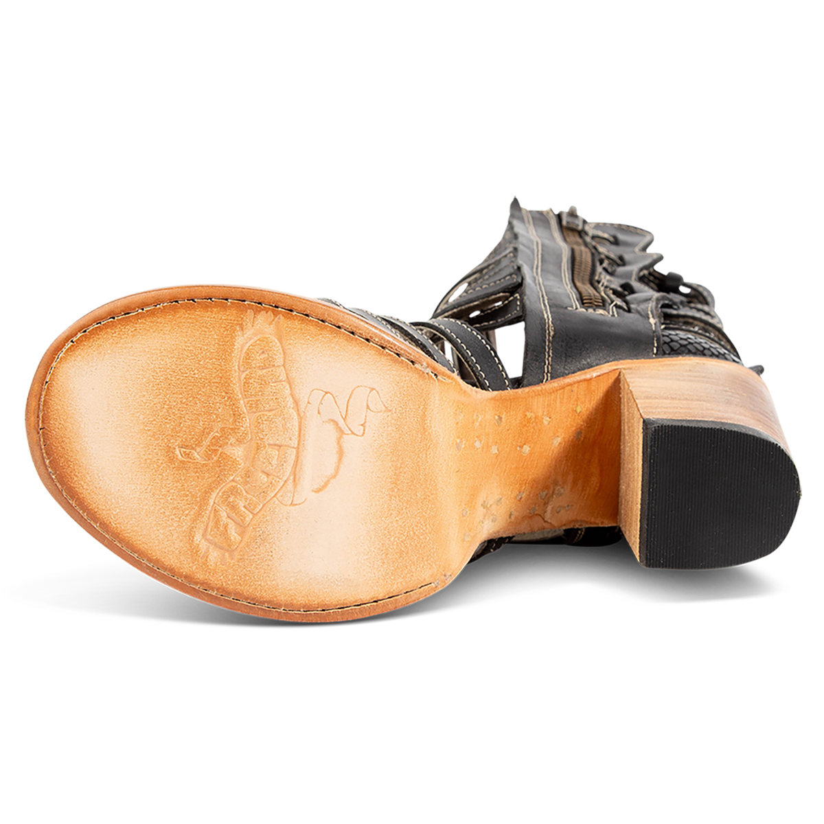 Leather sole imprinted with FREEBIRD on women's Makayla black leather sandal