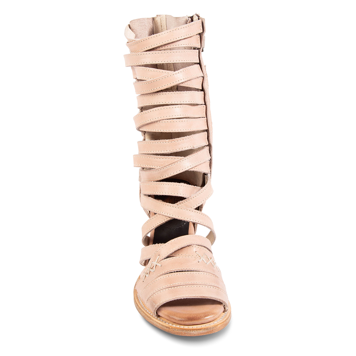 Front view showing leather straps and a rounded toe on FREEBIRD women's Makayla blush leather sandal