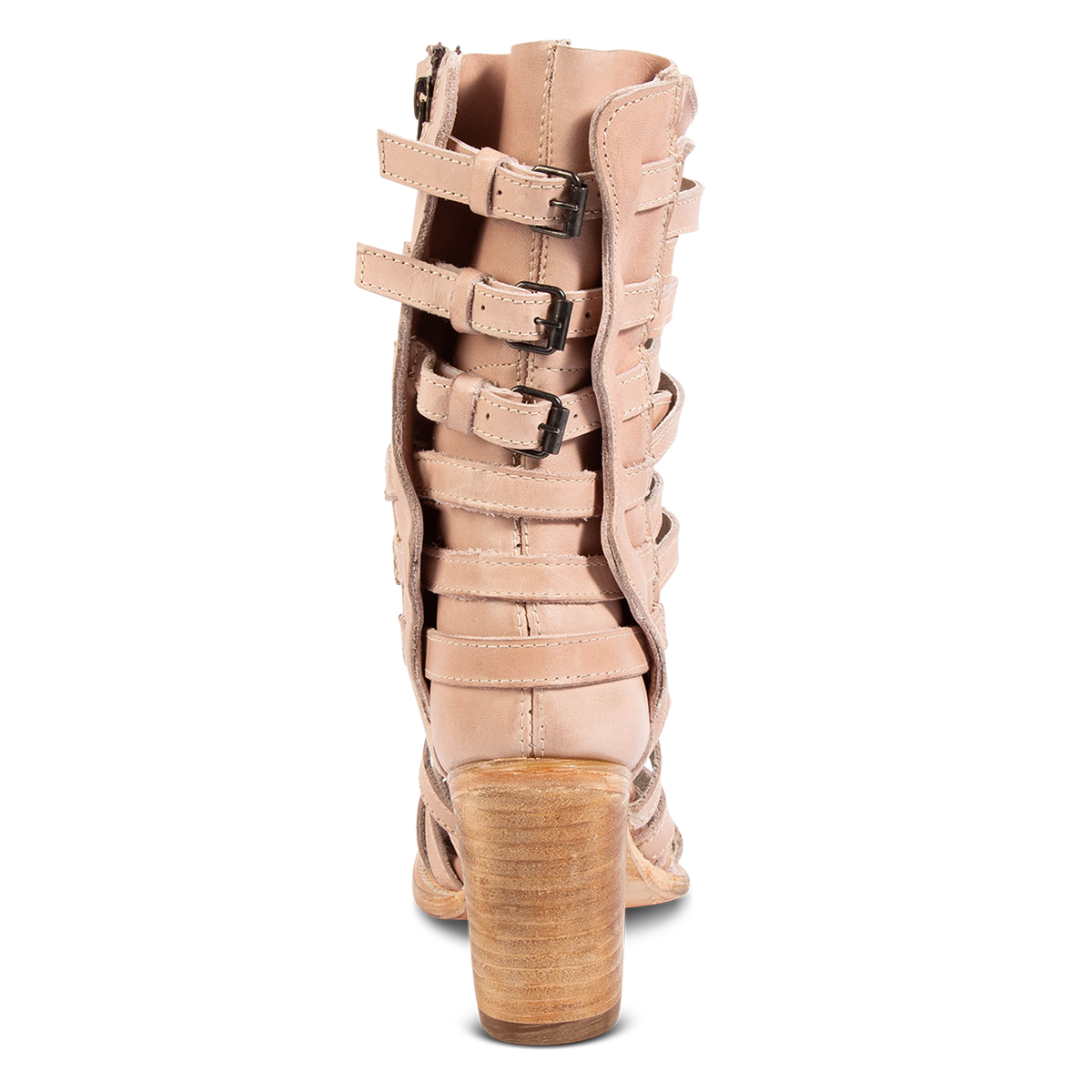 Back view showing an adjustable panel and block heel on FREEBIRD women's Makayla blush leather sandal