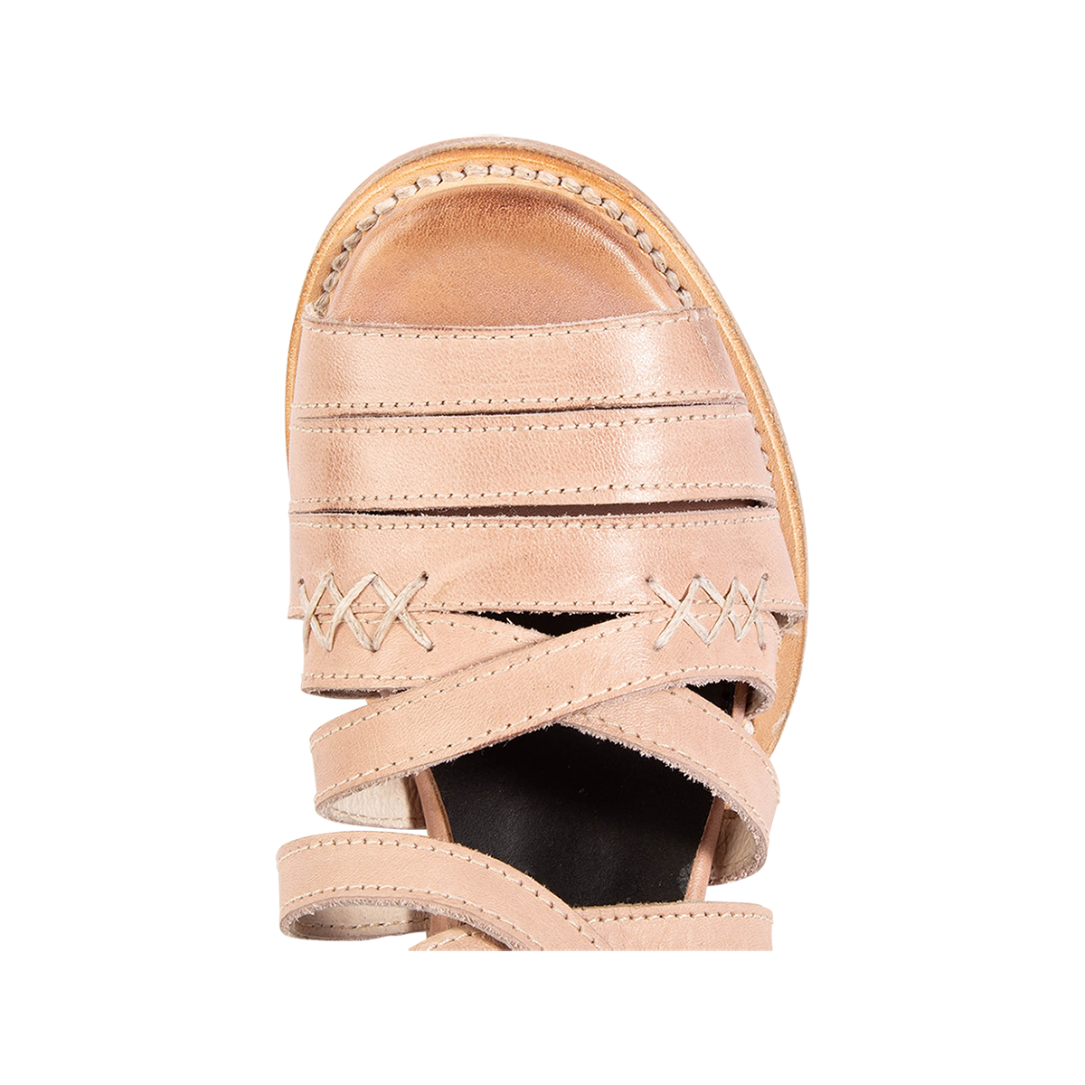 Top view showing a rounded toe and leather straps on FREEBIRD women's Makayla blush leather sandal