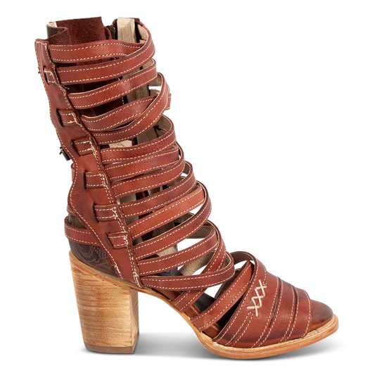 FREEBIRD women's Makayla rust leather sandal with adjustable back paneling, an inside working zip closure and leather straps