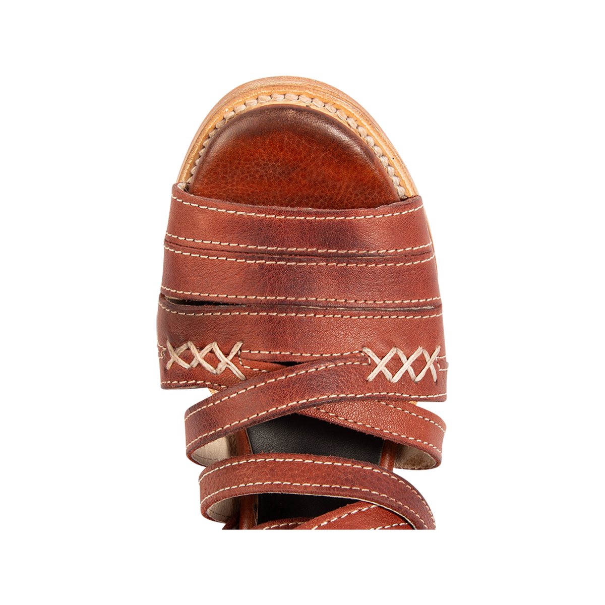 Top view showing a rounded toe and leather straps on FREEBIRD women's Makayla rust leather sandal