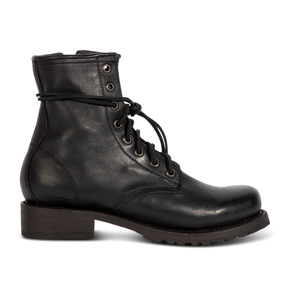 Freebird women's MANCHESTER black leather combat bootie with an inside brass zipper, low heel & tread sole