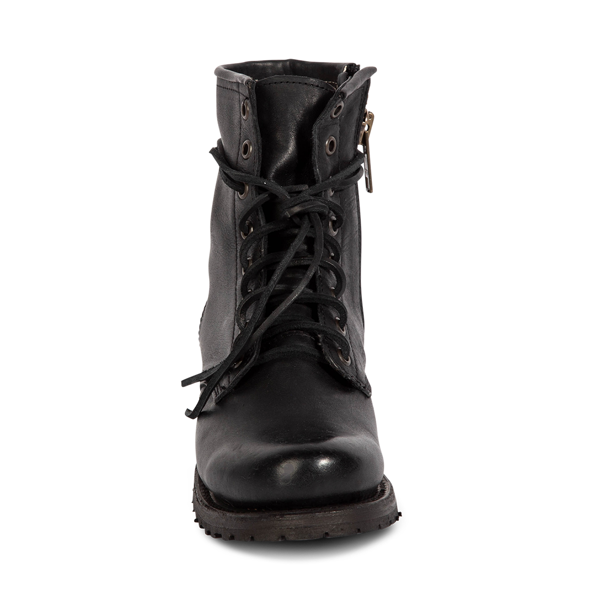 Front view showing Freebird women's MANCHESTER black leather combat bootie with front tie lacing and inner brass zipper
