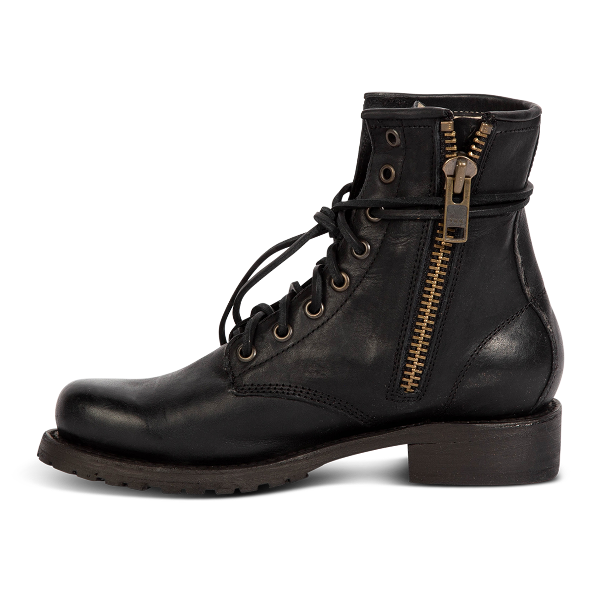 Inside view showing Freebird women's MANCHESTER black leather combat bootie with an inside brass zipper, low heel & tread sole