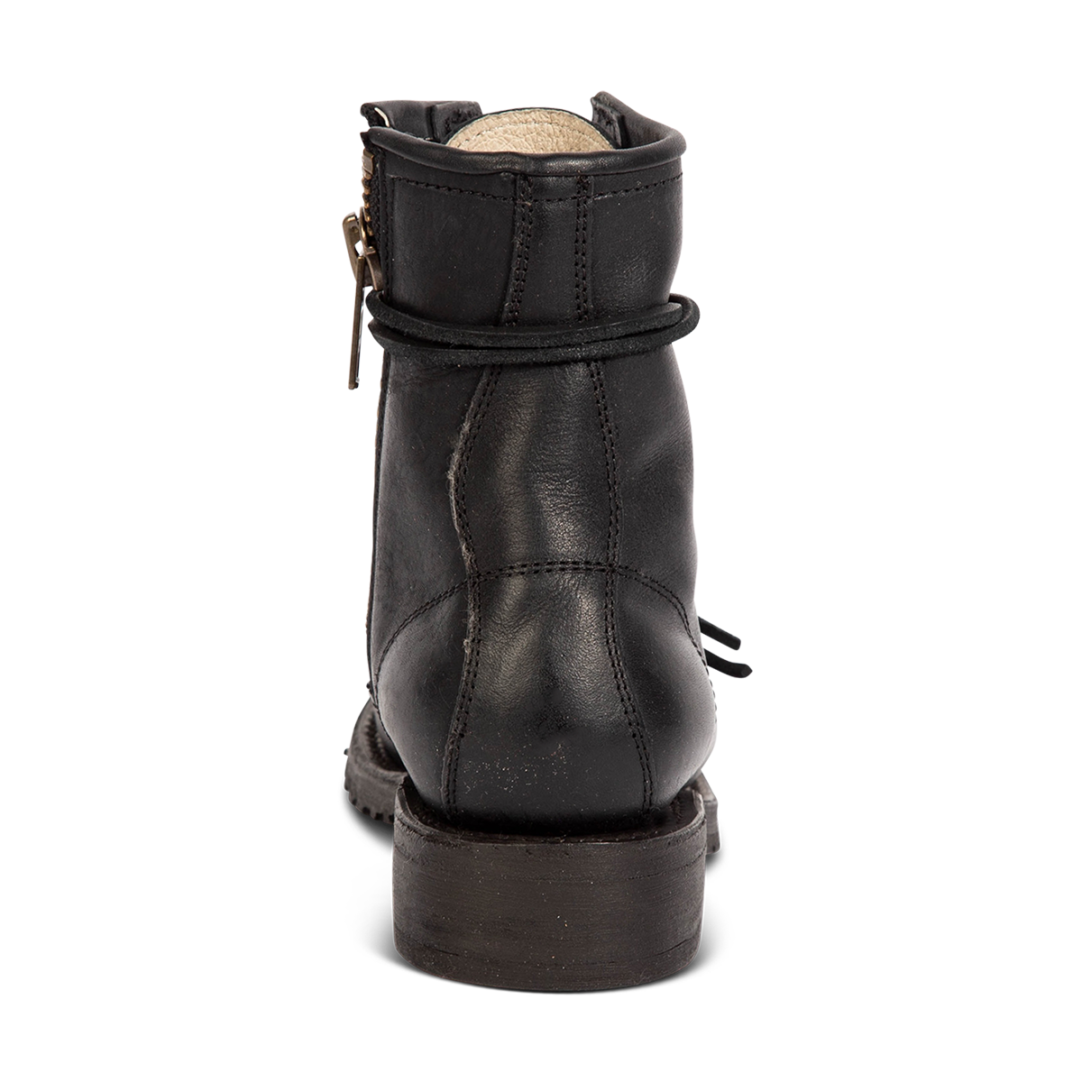 Back view showing Freebird women's MANCHESTER black leather combat bootie with a low heel
