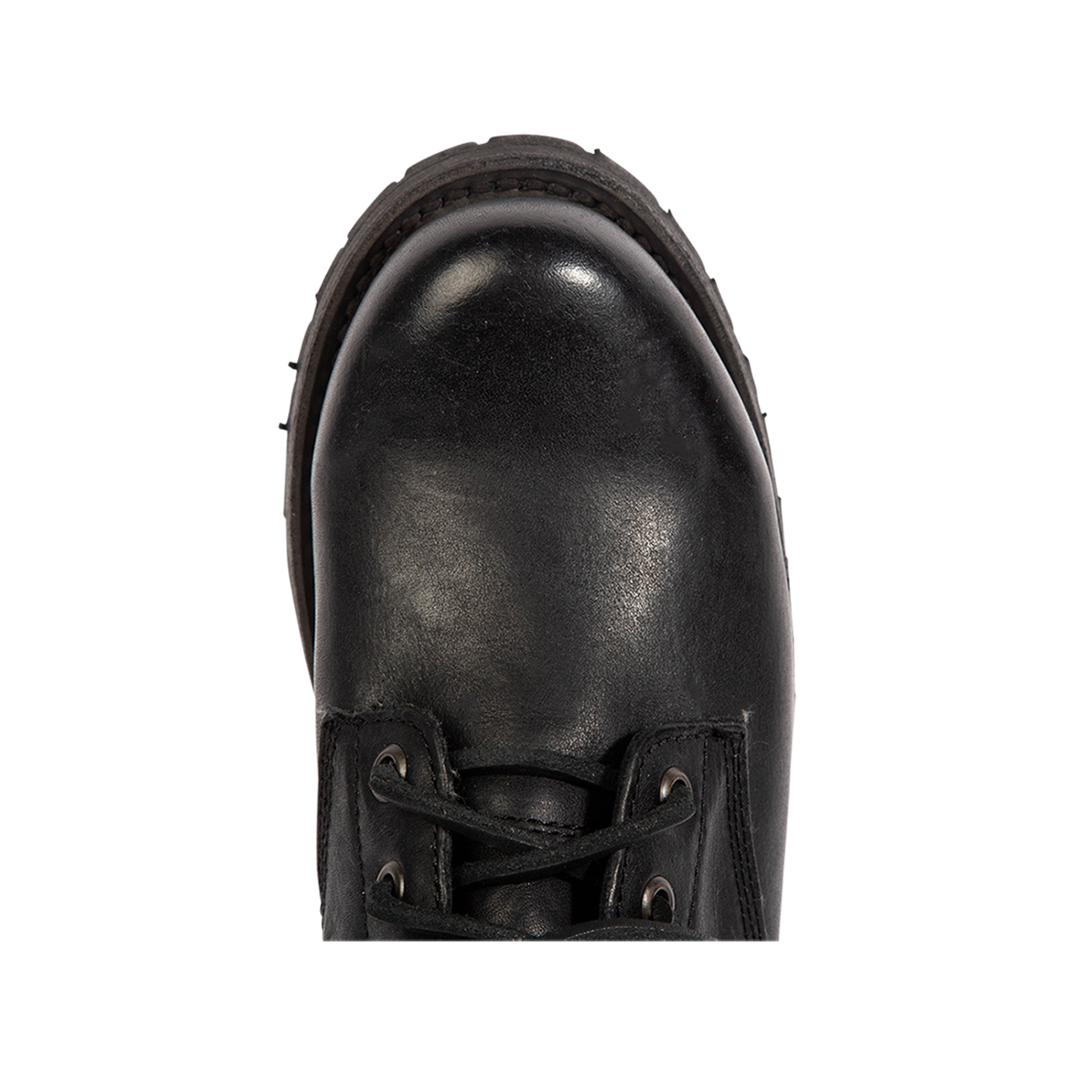 Top view showing round toe construction on Freebird women's MANCHESTER black leather combat bootie
