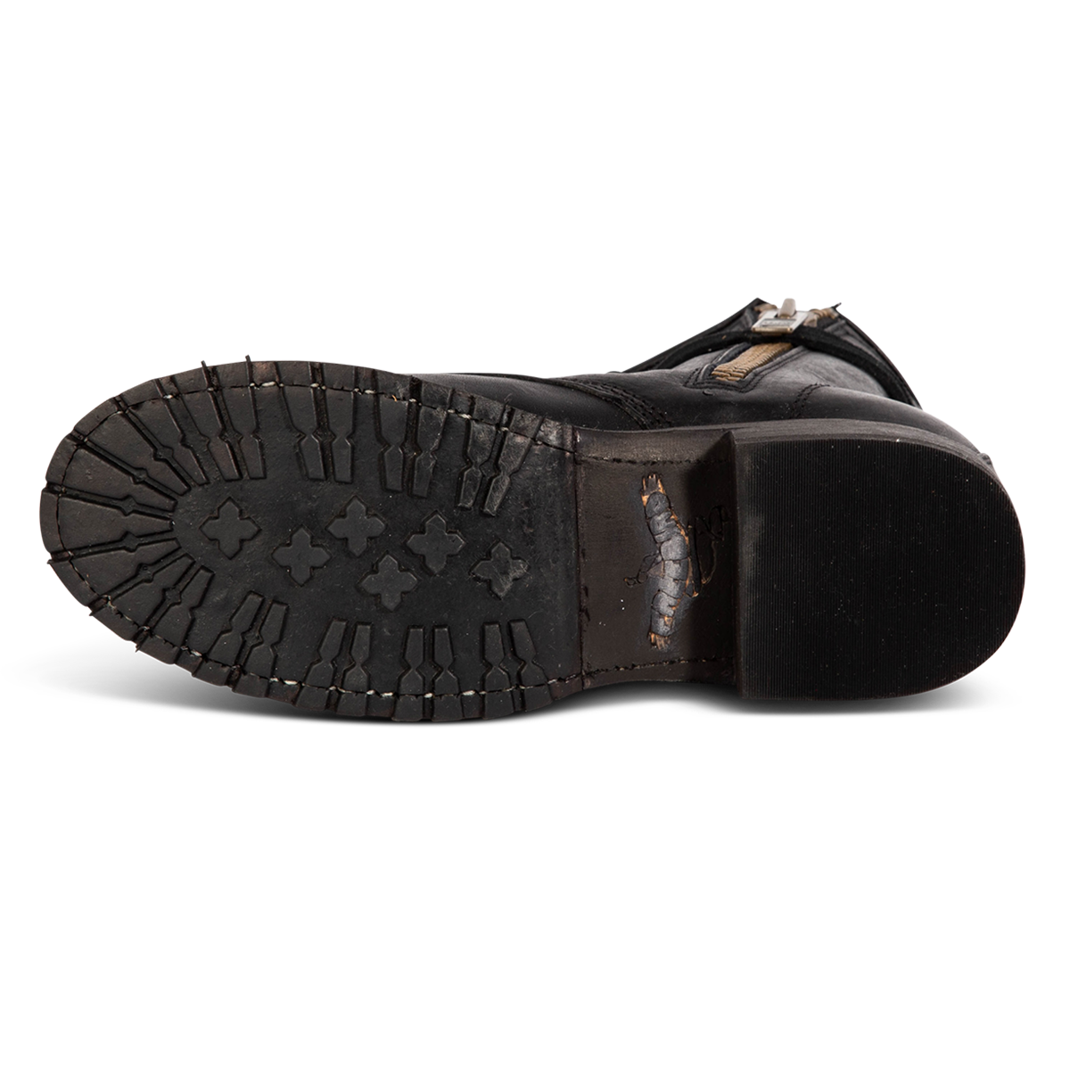 Tread sole imprinted with FREEBIRD on women's Manchester black leather combat bootie