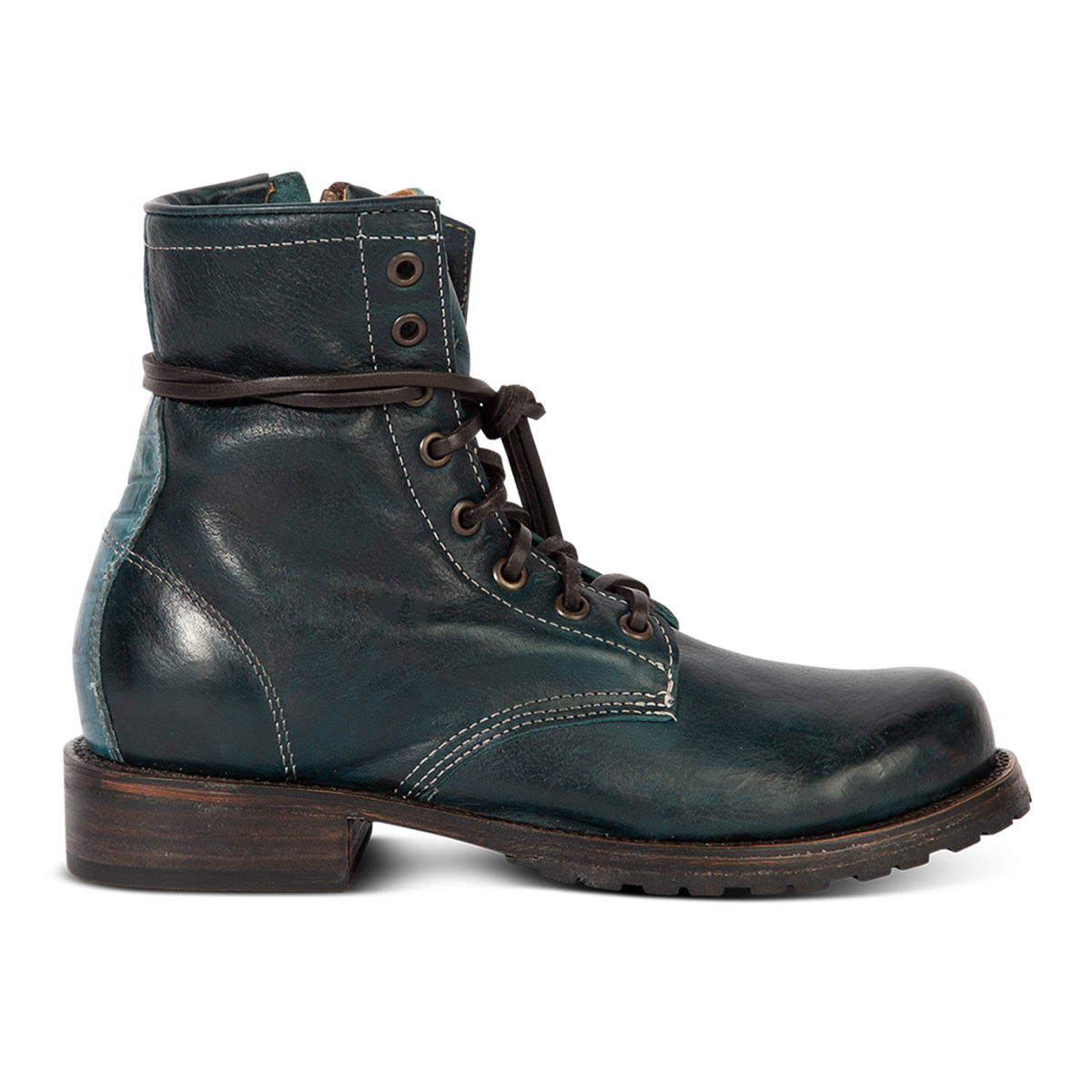 Freebird women's MANCHESTER blue multi leather combat bootie with an inside brass zipper, low heel & tread sole