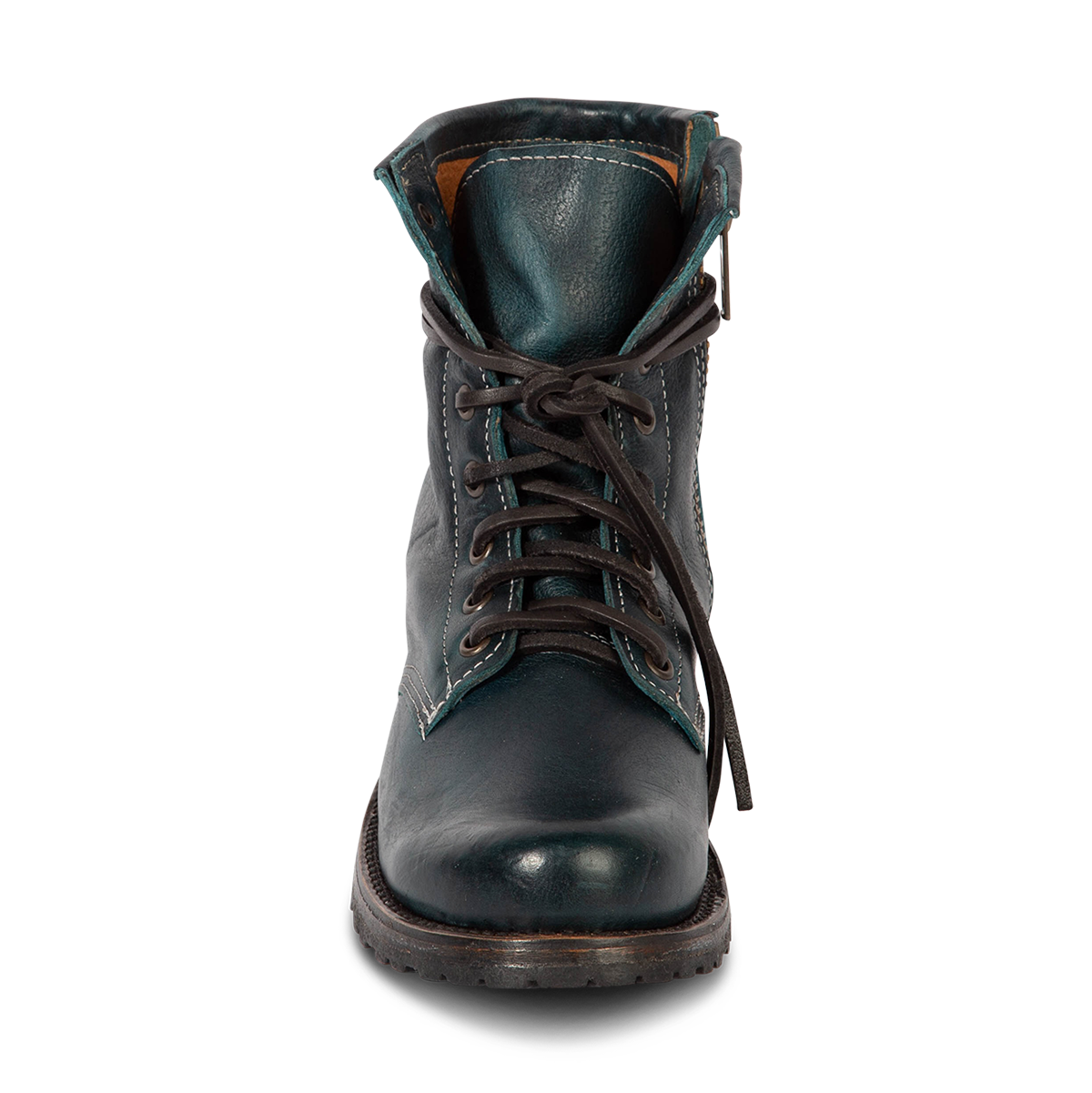 Front view showing Freebird women's MANCHESTER blue multi leather combat bootie with front tie lacing and inner brass zipper