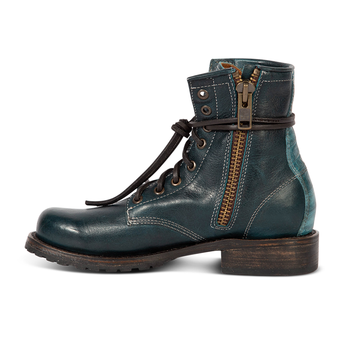 Inside view showing Freebird women's MANCHESTER blue multi leather combat bootie with an inside brass zipper, low heel & tread sole