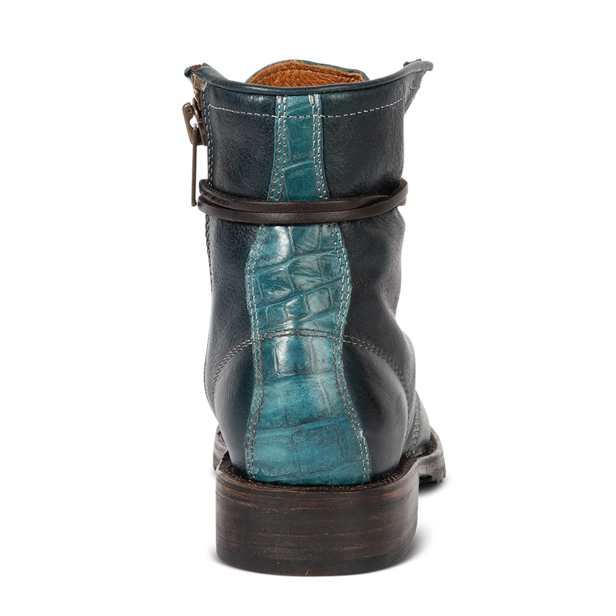 Back view showing Freebird women's MANCHESTER blue multi leather combat bootie with a low heel