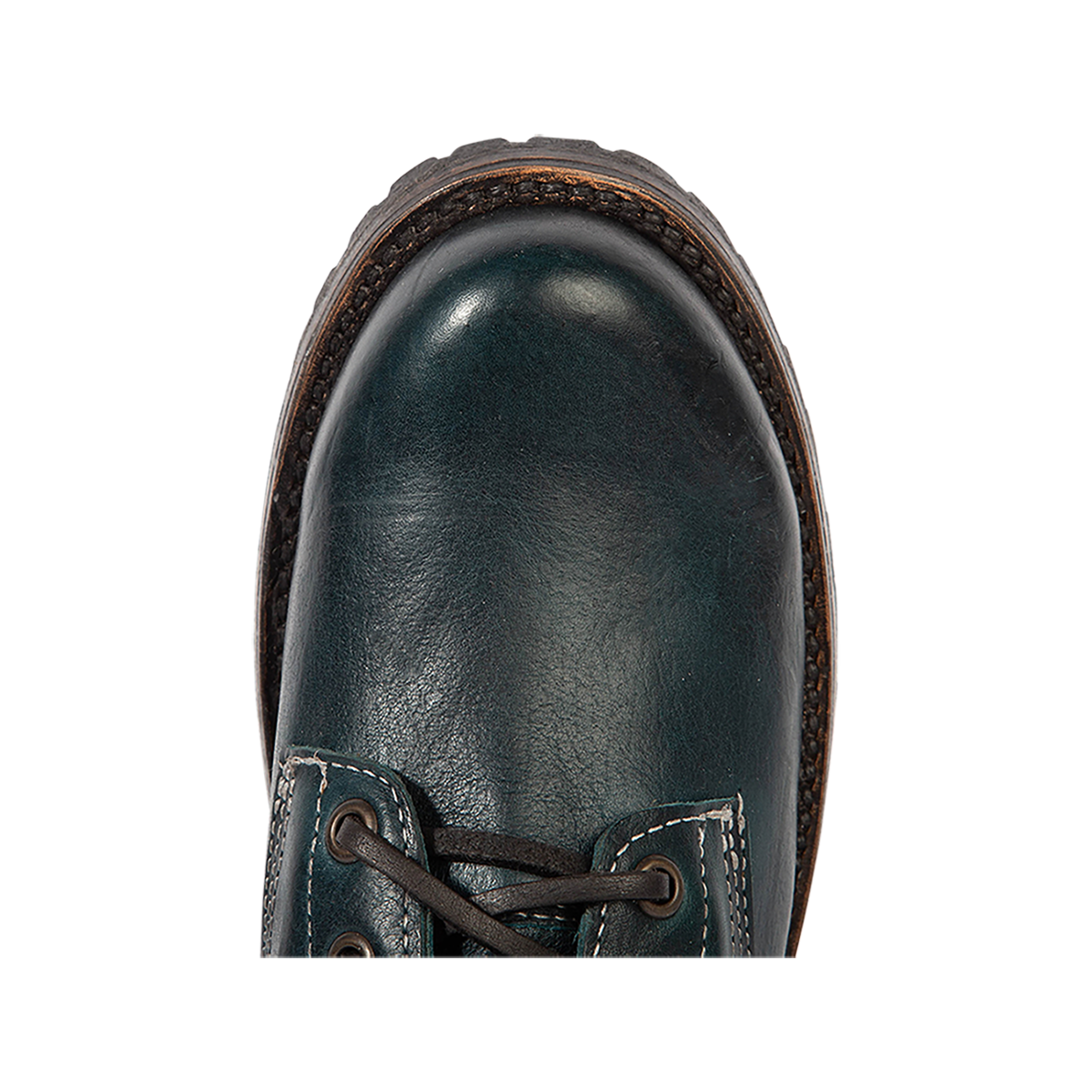 Top view showing round toe construction on Freebird women's MANCHESTER blue multi leather combat bootie