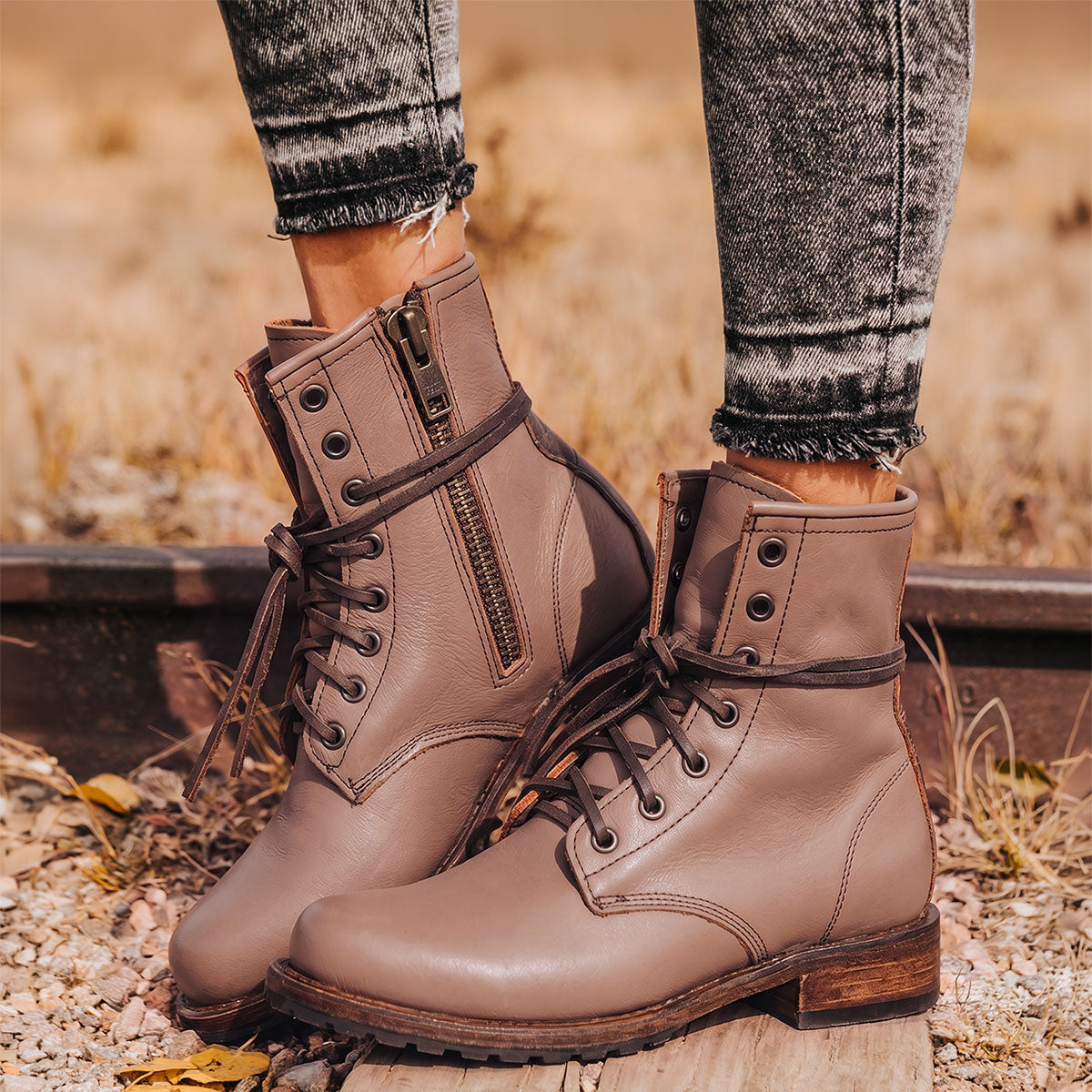 Freebird women's MANCHESTER clay multi leather combat bootie with an inside brass zipper, low heel & tread sole
