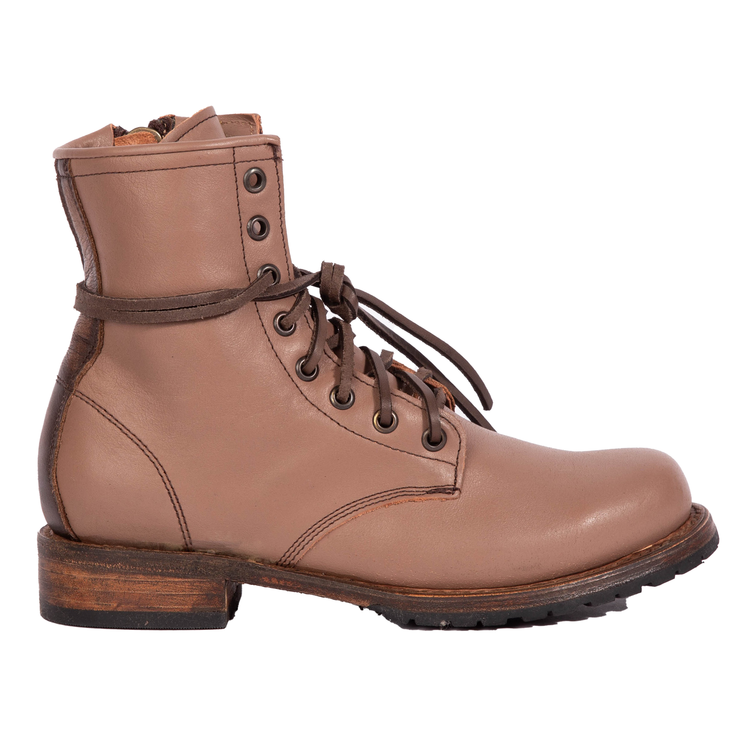 Freebird women's MANCHESTER clay multi leather combat bootie with an inside brass zipper, low heel & tread sole