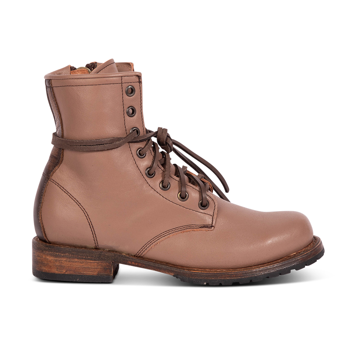 Freebird women's MANCHESTER clay multi leather combat bootie with an inside brass zipper, low heel & tread sole