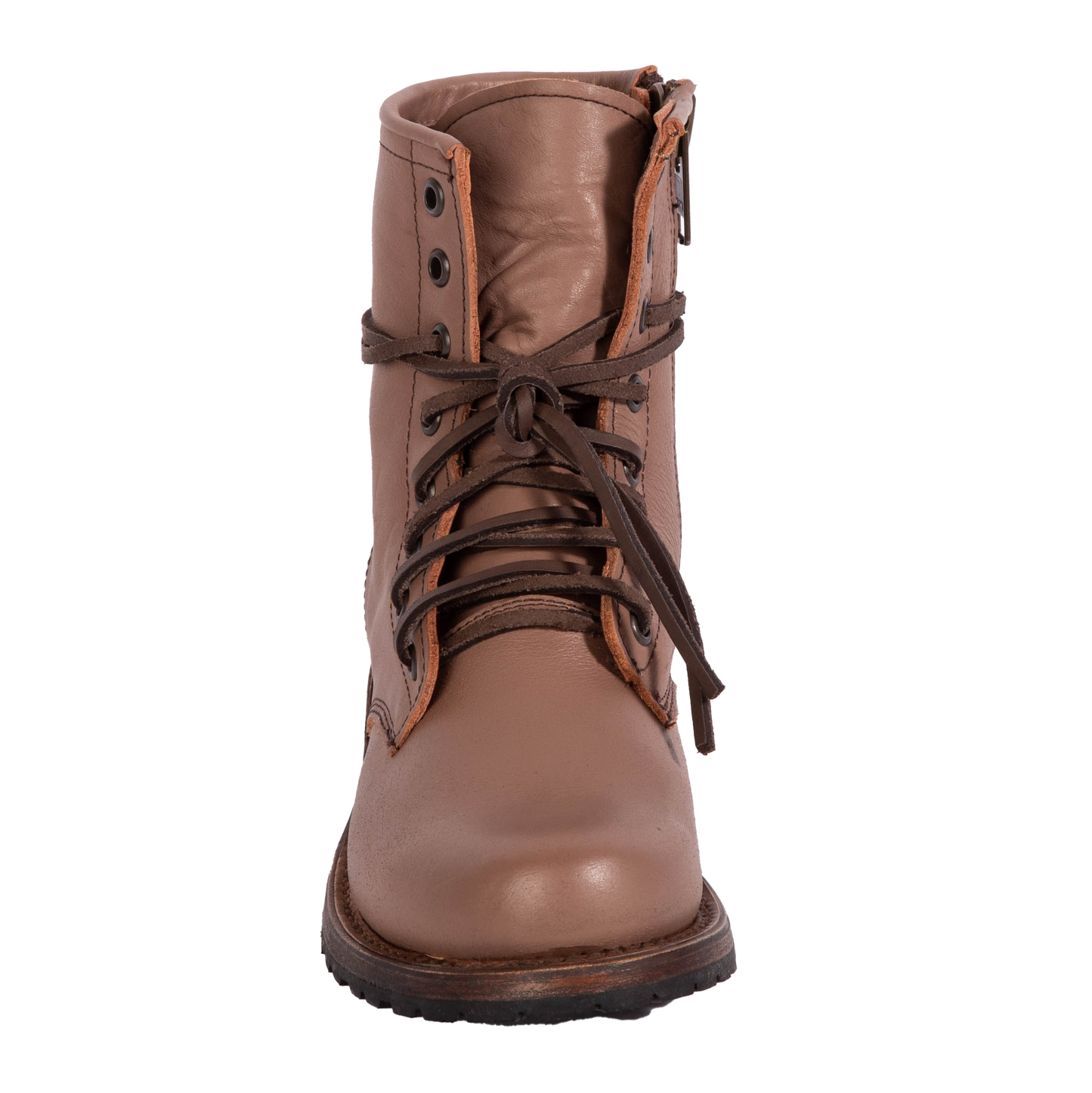 Front view showing Freebird women's MANCHESTER clay multi leather combat bootie with front tie lacing and inner brass zipper
